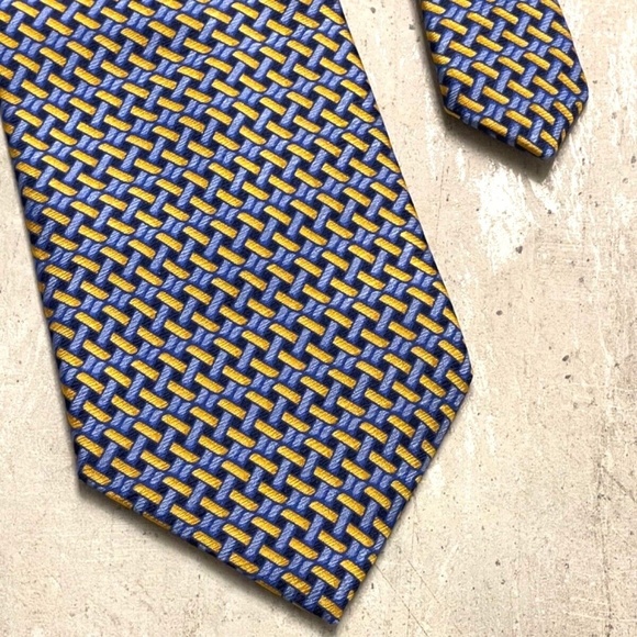 Bolgheri 100% Silk Mens Neck Tie; Made in Italy; Blue/Yellow Basketweave Pattern - Picture 5 of 9